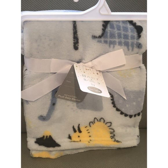 Bon BeBe BABY Boy Dinosaur Soft Cuddly Plush Blanket Blue Yellow Fleece New - Picture 1 of 9